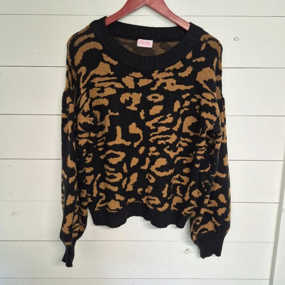 Pink Lily Womens super soft Black & Tan Leopard Print Knit Sweater L - Picture 5 of 7